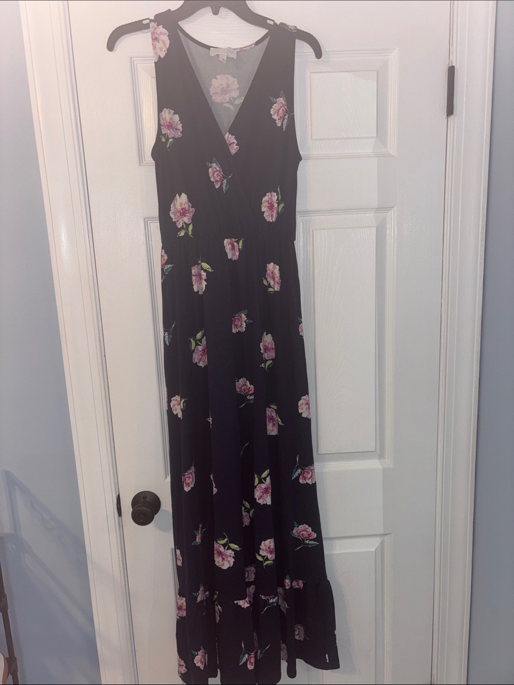 French Grey Navy Blue Maxi Dress with Pink Floral Print